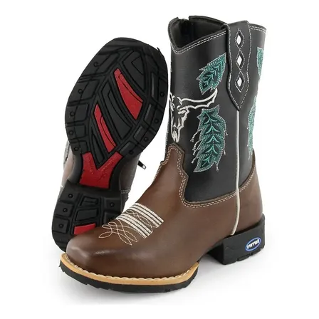 Bota Botina Texana Infantil Country Com Ziper Bordado Boi