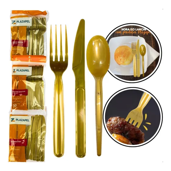 Kit 150 Talheres Descartável Reforçada Churrasco Dourado