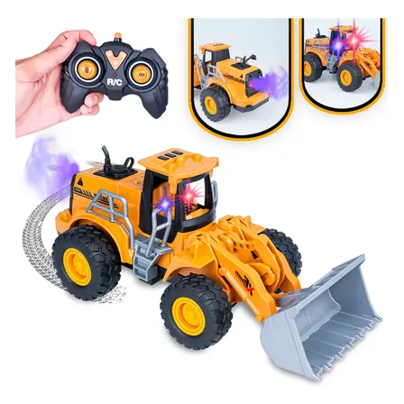 Retroescavadeira Controle Remoto Solta Fumaça Luz Led Recarregável Usb 2.4ghz 7 Canais Escala 1:22 Brinquedo Infantil Menino Trator Escavadeira Rc Presente Polibrinq Amarelo
