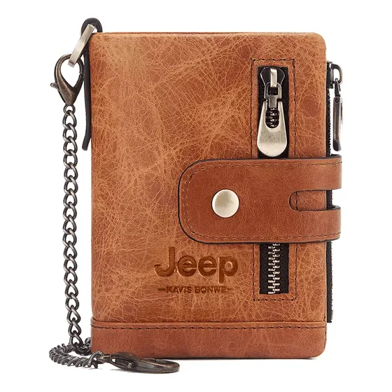 Billetera Jeep 100% Cuero Genuino Alta Calidadad Color Marrón Claro Diseño De La Tela Liso