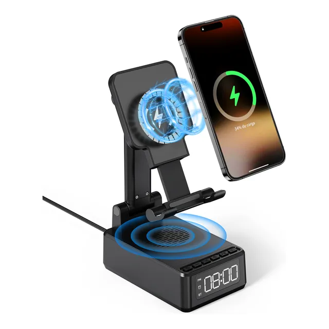 Altavoz Bluetooth 4en1 Carga Inalámbrica, Soporte Y Reloj Hd