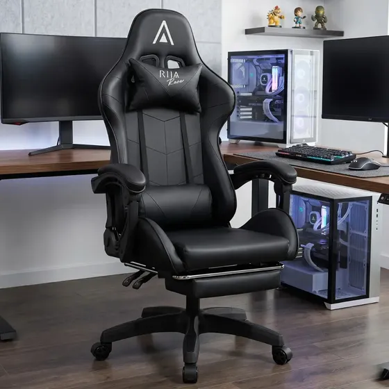 Cadeira de Escritório Gamer Alpha Racer Ergonômica Couro Sintético Reclinável Altura Ajustável com Apoio para Pés Preta Vincere Brasil