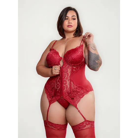 Espartilho Corset Plus Size Com Renda E Meia 7/8