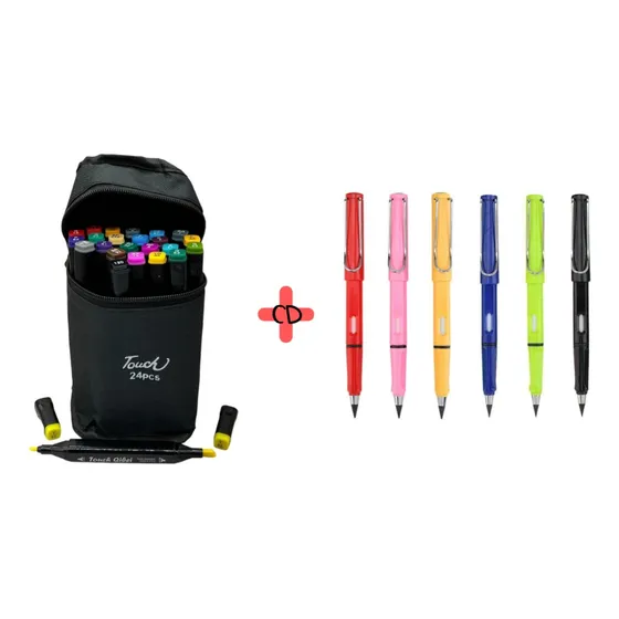 24 Plumon Rotulador Marcador Doble Punta + 6 Lapiz Infinito