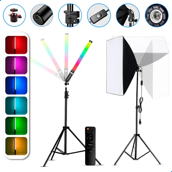 Kit Softbox + Bastão De Led Rgb Estúdio Luz Continua Tripe