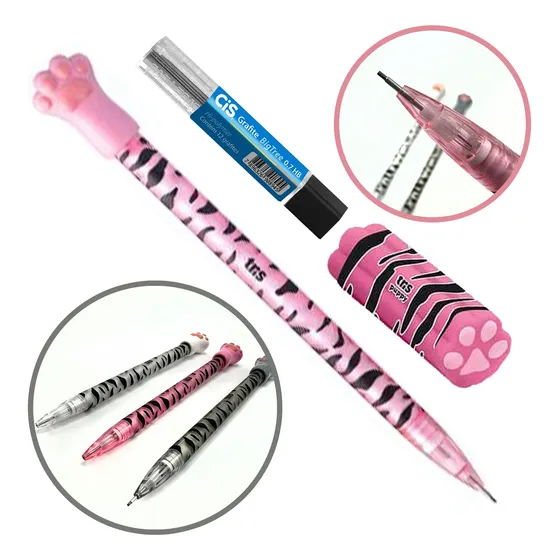 Kit Escolar Com Lapiseira 0.7 Borracha Grafite Gatos Tris