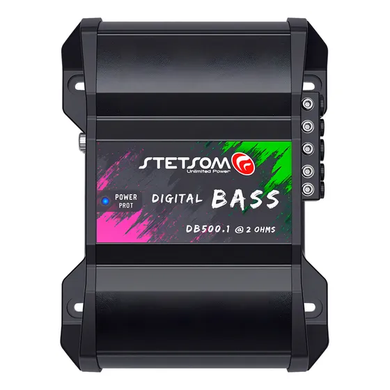 Módulo Stetsom Db 500 Digital Bass 2 Ohms Amplificador Para Frequência Grave E Subgrave de 5hz 250hz Entrada Rca E Fio 1 Canal 515w Rms Em 13.8v E 560w Rms Em 14.4v Com Lpf E Controles de Ganho