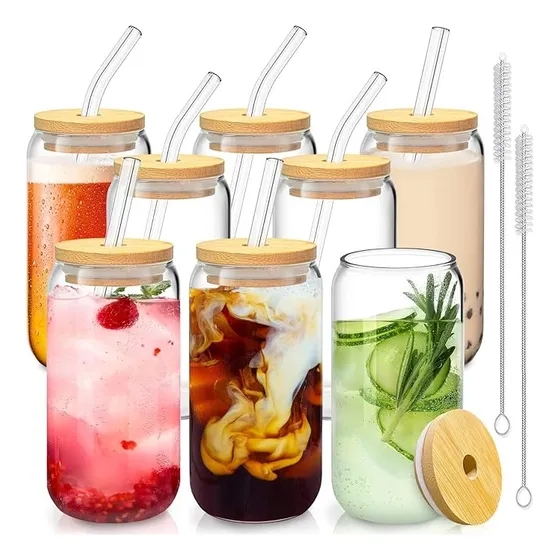 Juego De  8 Vasos De Vidrio Con Tapa De Bambu Y Pitillo 
