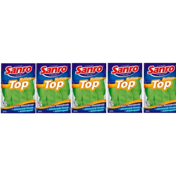 5 Pares Luva Latex Limpeza Multiuso Sanro Top Verde