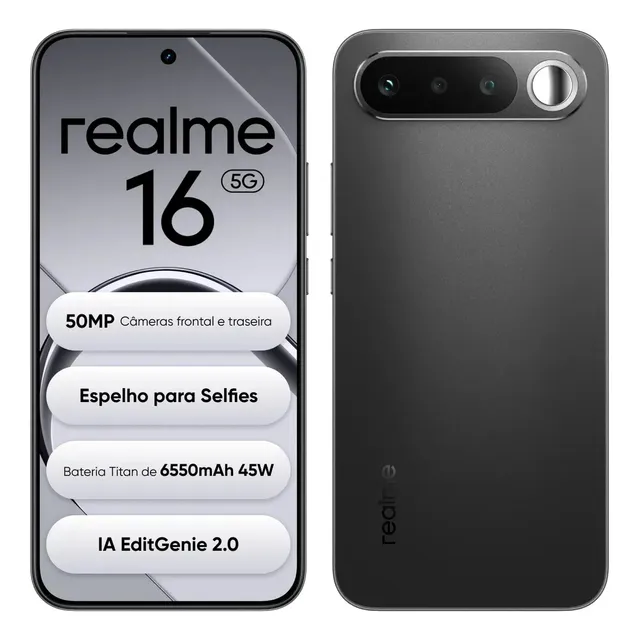 Smartphone Celular Realme 16 5g 256gb 12gb Ram Dual Sim Câmera De 50mp Lumacolor Image Espelho Para Selfies Bateria 6550mah Impermeável Ip69 Pro 4200nit Amoled Preto