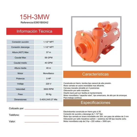 Bomba Centrifuga Ihm Modelo 15h-3tw Motor 3hp 220 Volt 3 Ph