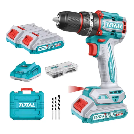 Taladro Percutor Atornillador Inalámbrico Brushless Total 20v Con Maletín, 2 Baterías Y Cargador
