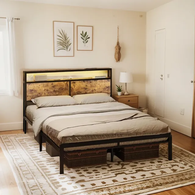 Base Cama Queen Size Cabecera Luces Led Usb Recamara
