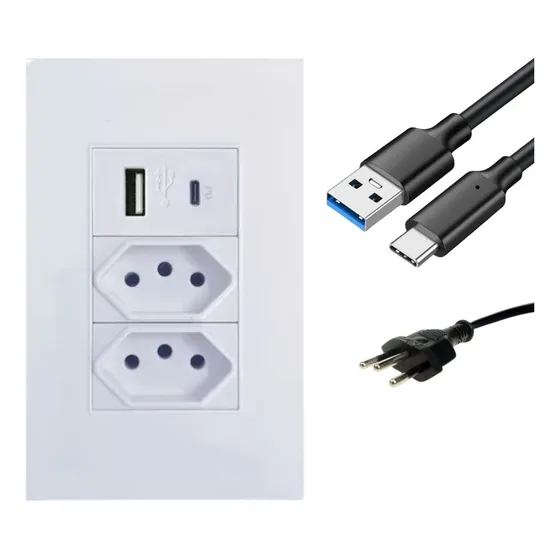 Tomada Dupla Usb Tipo C Com Espelho Parede Universal Bivolt Completa Luck Way
