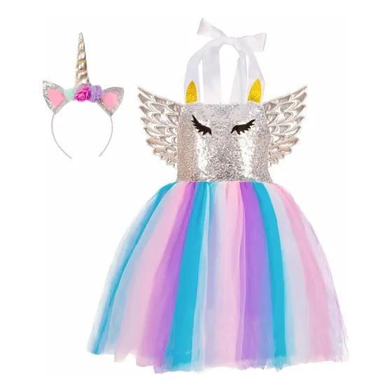 Vestido O Disfraz De Unicornio Para Niñas Tutú Cintillo Alas