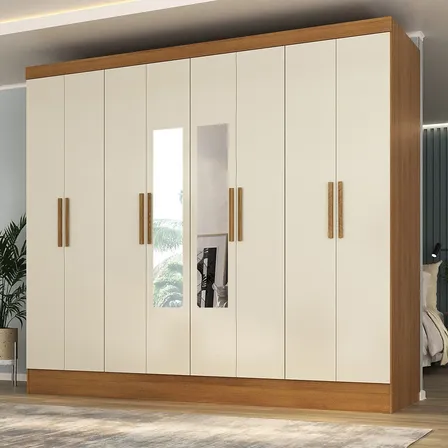 Guarda-roupa Casal 100% Mdf Com Espelho 8 Portas 4 Gavetas Cinamomo/off White
