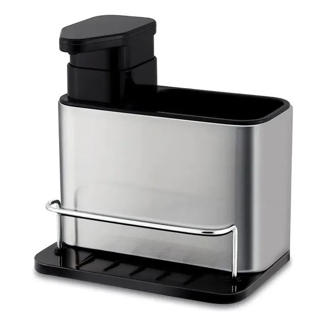 Organizador De Bacha Jazak Porta Esponja Dispenser De Jabón Detergente Para Cocina Baño Inoxidable Multiuso Th3700 Fácil Recarga Drenaje Ahorra Espacio Diseño Moderno Dispensador Color Plateado Negro