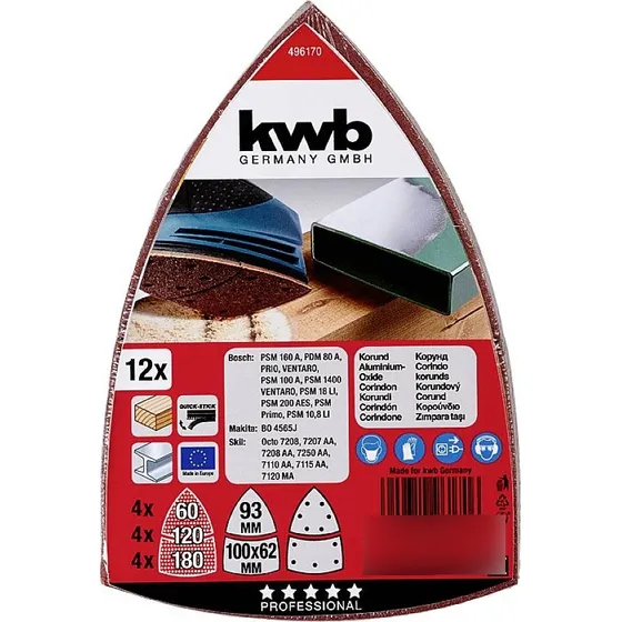 Juego 12 Lijas Delta Velcro Gr60/120/180 Madera Metal Kwb