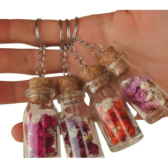 5 Chaveiros Mini Garrafa Vidro Flores Secas Lembrancinha