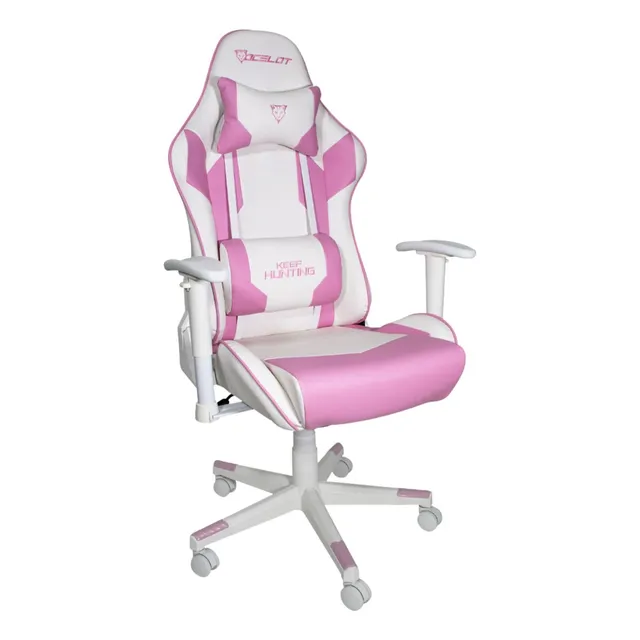 Silla Gamer Ocelot Ergonómica Descansa Brazos Ajustables Reclinable Color Blanco y Rosa OSR-05