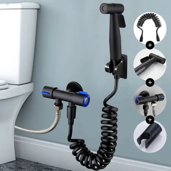 Kit Ducha Higiênica Bidê Duas Saídas De 1/2 Mm Aço Inox Com Registro Cor Preto - Marca Sport Show