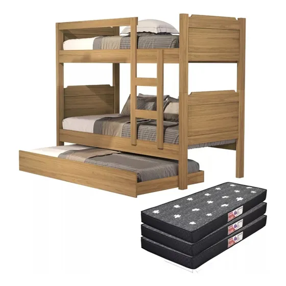 Beliche C/ Escada E Cama Auxiliar Com 3 Colchões Kit Incluso