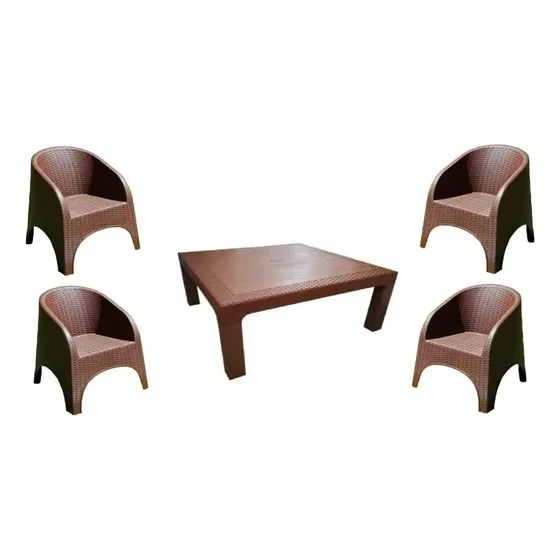 Juego De Jardin 4 Sillones Rattan Alejo + Mesa Ratona 70 Ct Estructura Chocolate