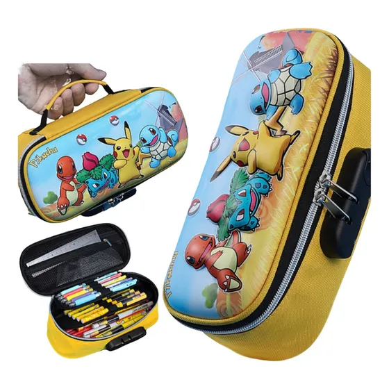 Estojo Escolar 3d Pokémon Iniciais Pikachu Bulbasa C/ Senha 