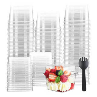 Vasos Postre Cuadrados Transparentes Con Tapas Y Cucharas` Vasos Postre Cuadrados Transparentes Con Tapas Y Cucharas`