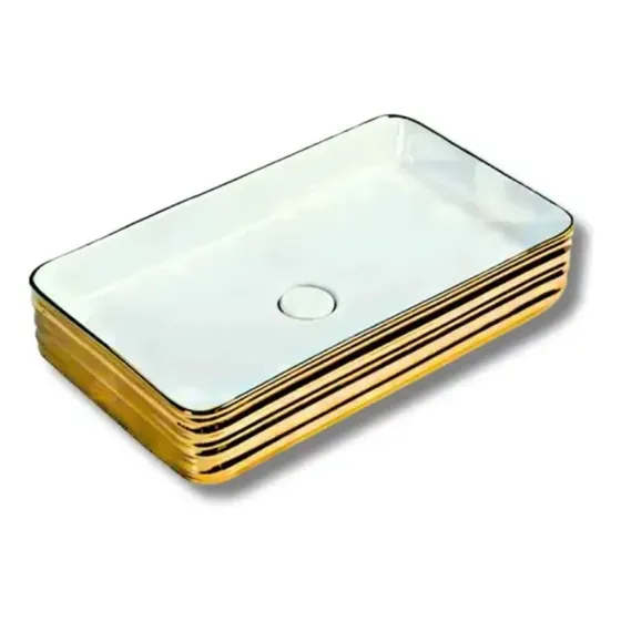 Lavamanos Rectangular Blanco - Dorado Cerámica 61*35*11cm