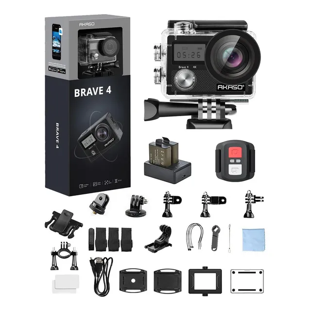 Cámara deportiva Akaso Brave 4 4K30fps 20MP WiFi Cámara de acción Ultra HD con EIS 40 m impermeable control remoto 5x zoom 2 baterías y kit de accesorios para casco de bicicleta