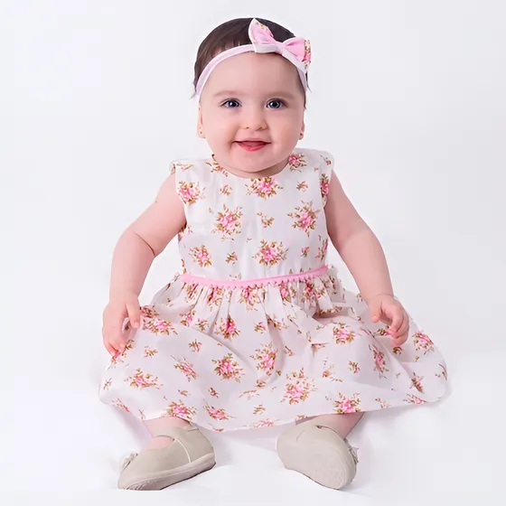 Roupa Bebê Menina Vestido Para Bebe C/ Tiara 100% Algodão 