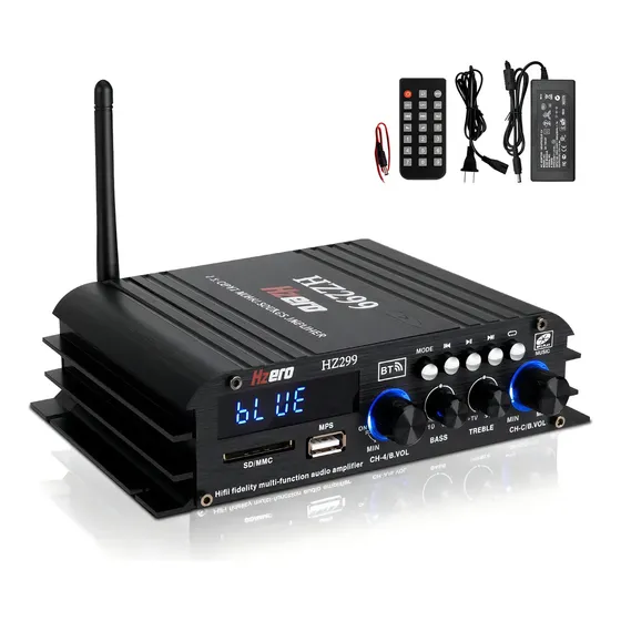 Amplificador Audio Estéreo Bluetooth Mini HZERO HZ299 4.1 Canales para Hogar USB y SD, Potencia Máxima 800W, Mando a Distancia y Cables de Alimentación + 12V