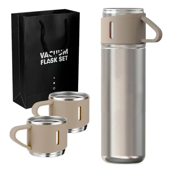 Termo Para Cafe Individual 500 Ml Con 3 Tazas Tapon Matero Plateado