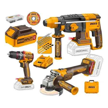 Set Ingco 20v Taladro + Amoladora + Rotomartillo 58 Piezas