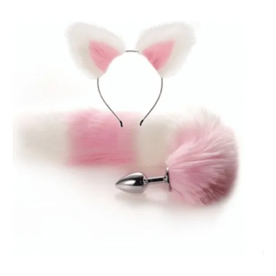 Kit Fantasia Coelhinho Bdsm Plug Anal Com Cauda Rosa Branco