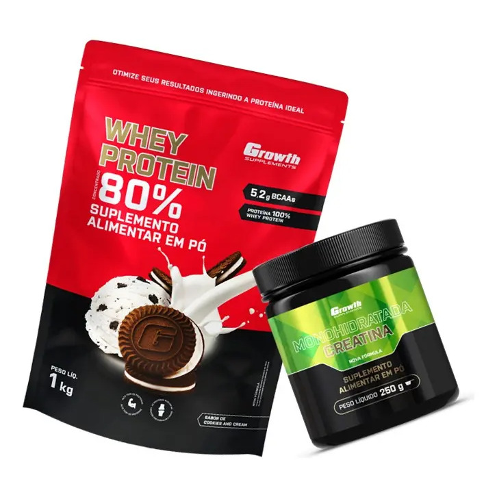 Kit Growth: Whey Protein Cookies And Cream 1kg + Creatina Monohidratada Sem Sabor 250g