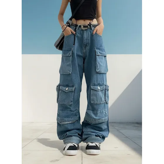 Multibolsillos Lavado Cargo Pantalones Vintage Moda Vaquero