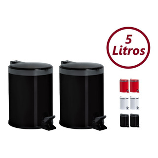 Kit Lixeira Banheiro Pedal 5 Litros Plástico Cesto 2 Unid. Cor Preto Kit Lixeira Banheiro Pedal 5 Litros Plástico Cesto 2 Unid. Cor Preto