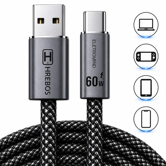 Cabo Carregador Usb C Celular Turbo 60w 2 Metros Usb Entrada Tipo C Carga Rápida Transferência De Dados Eletromind Compatível Com iPhone Samsung Xiaomi Poco Motorola Ps5 Nylon Reforçado