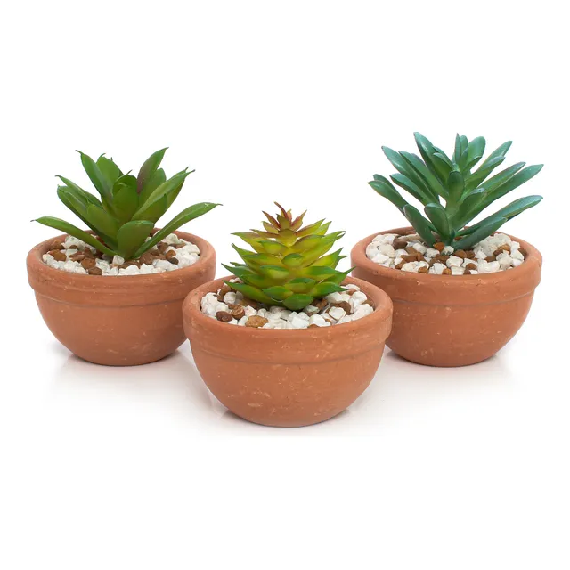 Suculenta Artificial E Mini Vaso Decorativo Cerâmica Kit C/3