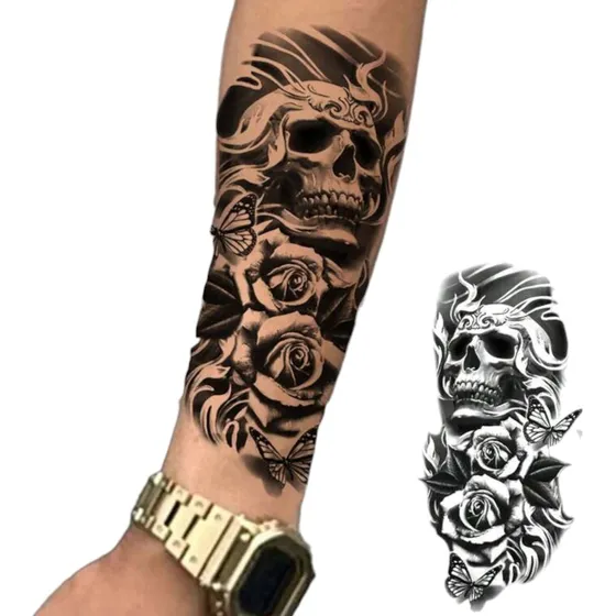 Tatuagem Falsa Temporaria Realista - Caveira Com Flores