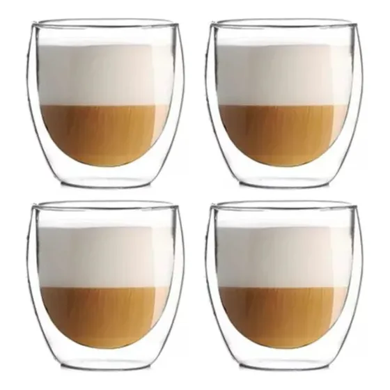 Set X4 Tazas Café Pocillos Vaso Doble Pared Termico Frio Calor Vidrio Borosilicato Levys Bazar 250ml