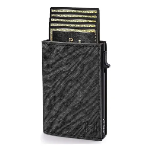 Billetera Hombre De Cuero Hardley Tarjetero Protección Rfid Negro Saffiano