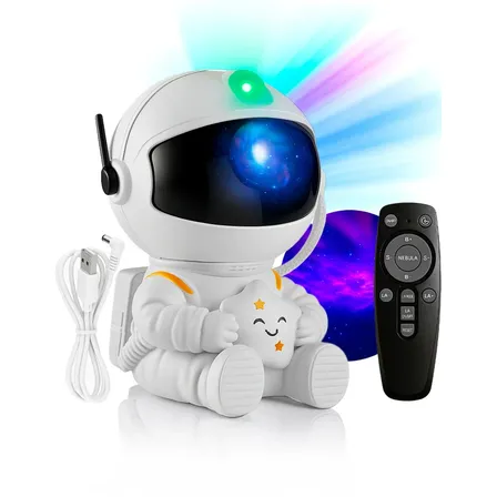 Luminária Astronauta Projetor Led Infantil Galáxia Estrela Branco Robo Robozinho Luz Colorida Céu Teto Abajur De Mesa Cupula Decorativa Para Quarto Rgb Noturna Bivolt Portatil Lua Art Light 127/220v