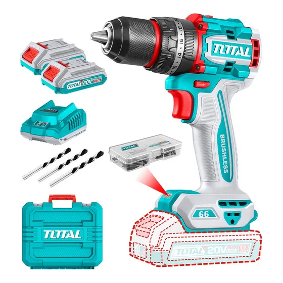 Taladro Percutor Bl 20v 13mm 66nm + 2 Bat 2ah + Car + 47acc Total Tools Color Turquesa Frecuencia 50 Hz/60 Hz TIDLI20668