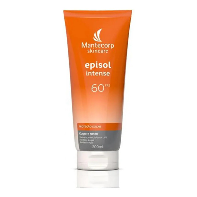 Embalagem do protetor solar Episol Intense FPS 60 da Mantecorp Skincare de 200ml em formato de bisnaga na cor laranja e cinza