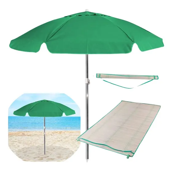 Kit Guarda-sol Praia 1,60m Verde + Esteira De Palha Com Alça
