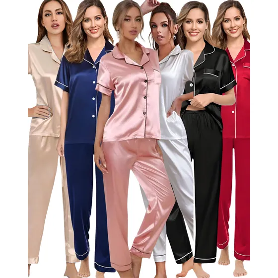 Pijama Americano Feminino Cetim De Seda Outono Calça Botão