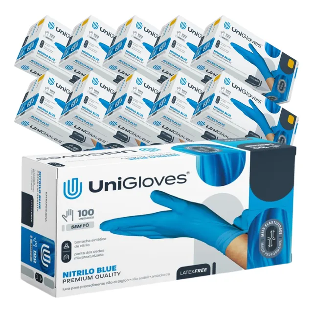 Luva Procedimento Nitrílica Azul Sem Pó Kit 1000un Unigloves